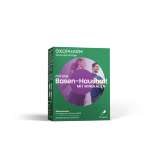 Verpackung von Okopharm Basen-Haushalt mit Mineralien, inklusive Magnesium, Kalzium und Zink, in Kapseln.