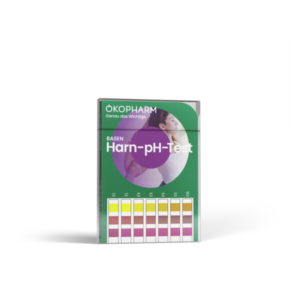 Packung des OKOPHARM Harn-pH-Tests mit Farbskala zur Messung des Urin-pH-Werts und Abbildung eines sportlichen Menschen.