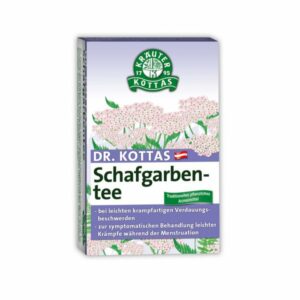 Verpackung von Dr. Kottas Schafgarbentee, mit blütenähnlichen Pflanzenmotiven und Anwendungsinformationen.