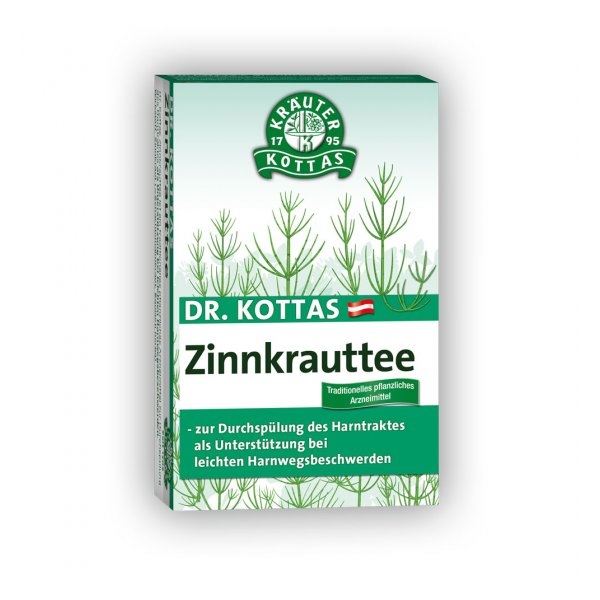 Verpackung von Dr. Kottas Zinnkrauttee mit grüner Pflanzenillustration und Hinweisen auf die Anwendung bei Harnwegserkrankungen.