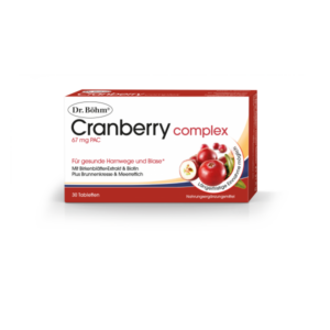 Verpackung von Dr. Böhm Cranberry Complex mit 30 Tabletten, betont gesunde Harnwege und Blase, enthält Biotin und Kräuterextrakte.