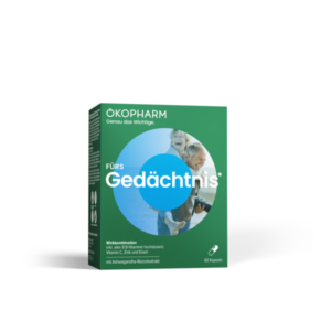 Verpackung eines Nahrungsergänzungsmittels für das Gedächtnis, enthält Vitamine und Ashwagandha-Extrakt.