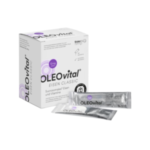 Verpackung von OLEOvital EISEN CLASSIC mit 30 Sachets für Nahrungsergänzungsmittel mit Eisen und Vitaminen.