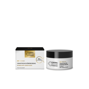 Öffnendes Produktbild einer osmotischen Körpercreme in einer schwarzen und weißen Verpackung, 50ml, mit Anti-Aging-Pflegehinweis.