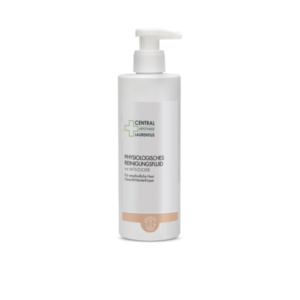 Flasche mit physiologischem Reinigungsfluid, Pumpverschluss, für empfindliche Haut, Gesicht, Hände und Körper.
