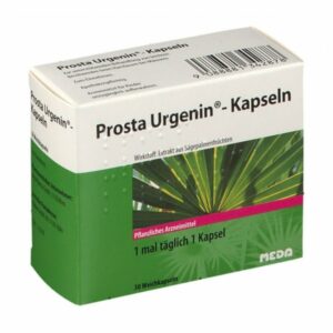 Verpackung von Prosta Urgenin-Kapseln mit Informationen zu Inhaltsstoffen und Anwendungshinweisen.