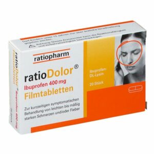 Packung von ratioDolor Ibuprofen 400 mg Filmtabletten mit einer abgebildeten Person, die sich an den Kopf fasst.