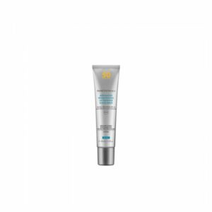 Sonnencreme in einer silbernen Tube mit SPF 50, zur Hautaufhellung und UV-Schutz.