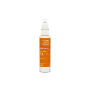 Flasche mit Sonnenmilch, LSF 30, leichte Textur, wasserfest, orange Verpackung, Antioxidative Wirkung mit Vitamin E.