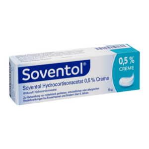 Verpackung einer 15 g Tube Soventol Creme mit 0,5 % Hydrocortisonacetat zur Behandlung von Hauterkrankungen.