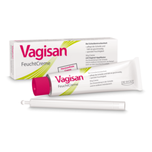 Vagisan FeuchtCreme in einer weißen Tube mit pinkem Deckel, neben der Verpackung und einem Vaginal-Applikator.