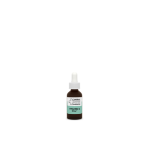 Braune Glasflasche mit Pipette, beschriftet mit "Vitamin E 75%" und "Central Apotheke Laurentius".