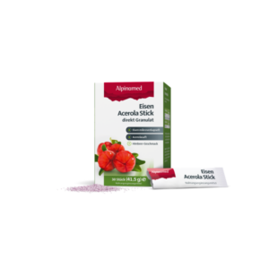 Verpackung von Eisen Acerola Stick Granulat mit Himbergeschmack, zeigt Acai-Früchte und einen Stick.