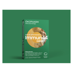Verpackung des Produkts "Immun44 Direkt" von Okopharm mit Informationen zur Wirkstoffkombination und Anwendung.