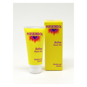 Gelröhre und Verpackung von Perskindol Active Classic Gel für Muskeln und Gelenke in gelber Farbe.