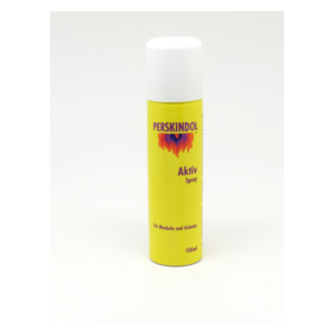 Gelbes Spray mit dem Namen "Perskindol Aktiv" für Muskeln und Gelenke, 150ml Verpackung.