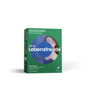 Verpackung für Nahrungsergänzungsmittel mit dem Schriftzug 'Für die Lebensfreude', inkl. B-Vitamine, Magnesium und Kupfer.
