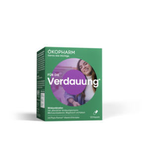 Verpackung von OKOPHARM für Verdauung, mit Kapseln und Informationen zu Inhaltsstoffen und Wirkstoffen.