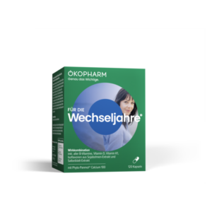 Verpackung eines Nahrungsergänzungsmittels für die Wechseljahre mit einer abgebildeten Frau und Inhaltsstoffen auf der Box.