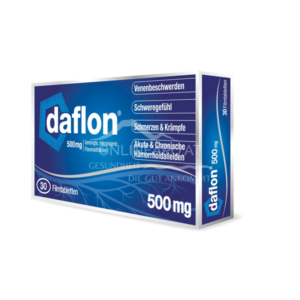 Verpackung von Daflon 500mg, erscheint als Box mit blauer Farbe und Informationen zu Venenbeschwerden und Hämorrhoidalleiden.