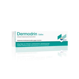 Tube mit Dermodrin Salbe, kühlende Antihistaminsalbe gegen Juckreiz, enthält Diphenhydraminhydrochlorid.