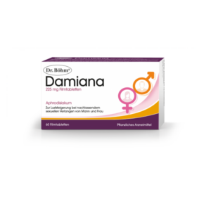 Packung mit Damiana-Filmtabletten, 225 mg, auf der Angaben zur Anwendung und Wirkung zu sehen sind.