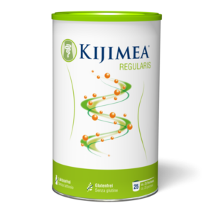 Dose von Kijimea Regularis mit grünem Deckel und grafischen Elementen auf weißem Hintergrund, laktose- und glutenfrei.