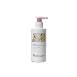 Flasche mit lindernder Intim-Waschlotion pH 6.5, mit Malvenextrakt und Bisabolol, Spenderpumpe oben drauf.