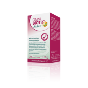 Packung von OMNi-BiOTiC Aktiv mit Informationen zu probiotischen Darm-Symbiotika, vegan und mit 30 Portionen.