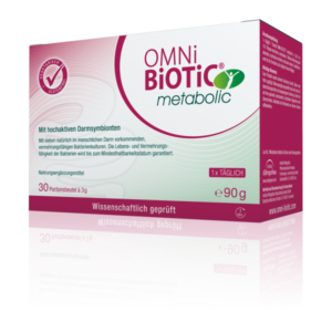 Verpackung von OMNi-BiOTiC metabolic, einem Nahrungsergänzungsmittel mit sieben aktiven Darmsymbionten, 30 Portionen à 3 g.