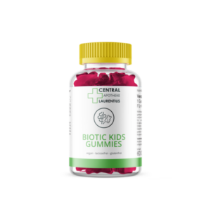 Flasche mit rosanen Gummis, etikettiert als "Biotic Kids Gummies", vegan, mit gelbem Deckel und grünem Label.
