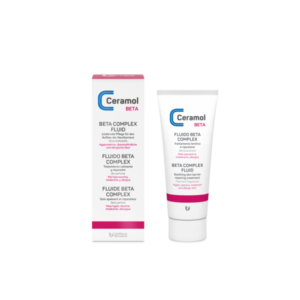 Verpackung und Tube von Ceramol Beta Complex Fluid für empfindliche Haut, betont beruhigende und reparierende Eigenschaften.