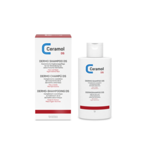 Verpackung und Flasche des Ceramol Dermo Shampoos zur Behandlung von seborrhoischer Dermatitis, mehrsprachige Beschriftung.