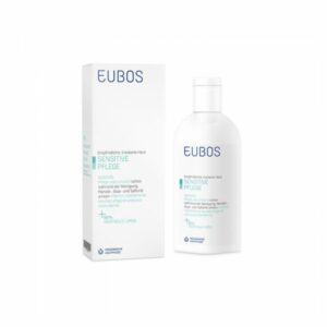 Flasche mit Duschöl von EUBOS für empfindliche, trockene Haut in einer weißen Verpackung mit blauer Schrift.