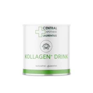 Weißer runder Behälter mit grünem Rand und Aufschrift "KOLLAGEN+ DRINK", lactose- und glutenfrei.