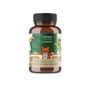 Braune Flasche mit Vitaminen, beschriftet mit "Schlauer Fuchs" und Illustrationen von einem Fuchs und Obst.