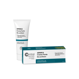 Tube und Verpackung von Arnika Creme Forte, bio-zertifiziert, lindert Muskel- und Gelenkbeschwerden.