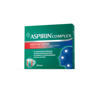 Verpackung eines Heißgetränks von Aspirin Complex, das zur Behandlung von Erkältungssymptomen dient.