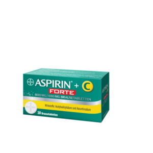 Packung mit 10 Brausetabletten ASPIRIN FORTE, 800 mg/480 mg, mit Wirkstoffen Acetylsalicylsäure und Ascorbinsäure.