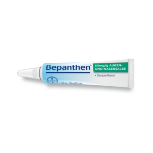 Tube mit Bepanthen Augen- und Nasensalbe, 50 mg/g, mit Hinweis auf Dexpanthenol, im handlichen Format.
