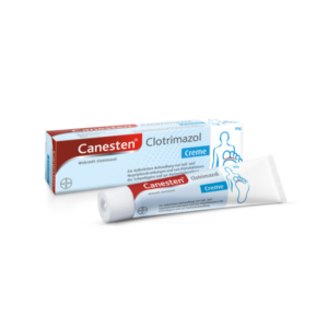 Tube und Verpackung der Canesten Clotrimazol Creme zur Behandlung von Fuß- und Nagelpilz.