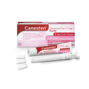Canesten Kombi-Packung mit 3 Vaginaltabletten, Tube Creme und Applikator zur Behandlung von Vaginalpilz.