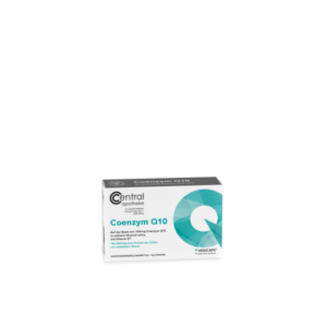 Verpackung von Coenzym Q10 mit 30 pflanzlichen Kapseln, auf Basis von 100 mg Coenzym Q10 und Vitamin E.