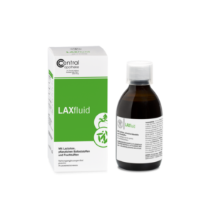 Flüssiges Nahrungsergänzungsmittel LAXfluid in einer braunen Flasche mit einer grünen Verpackung, schmeckt nach Pflaume.