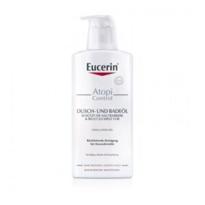 Flasche Eucerin Atopi Control Dusch- und Badeöl mit Pumpkopf, schützt die Hautbarriere bei Neurodermitis.