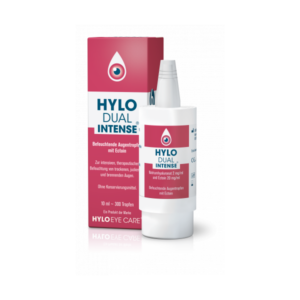 Flasche mit befeuchtenden Augentropfen und Verpackung, beide mit der Aufschrift "HYLO DUAL INTENSE".