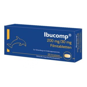 Blaue Verpackung mit einem Delphin, enthält Ibuprofen und Pseudoephedrin zur Behandlung von Erkältungssymptomen.