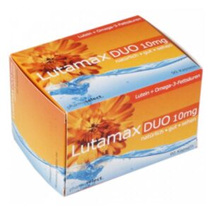 Verpackung von Lutamax DUO 10mg, einer Nahrungsergänzung mit Lutein und Omega-3-Fettsäuren, in buntem Design.