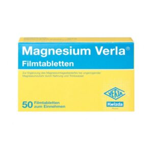 Paket Magnesium Verla Filmtabletten mit gelber Verpackung und blauer Aufschrift zur Magnesiumergänzung.