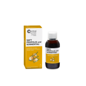 Saft Propolis und Sonnentau in einer braunen Flasche und einer gelben Verpackung mit Zutatenangaben.